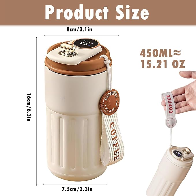 🎁🎁Christmas gift🎁450ml Stainless Steel Travel Mug with Temperature Display - Vacuum Insulated Bottle. Stainless Steel Insulated Cup. Portable Coffee Bottle Cap