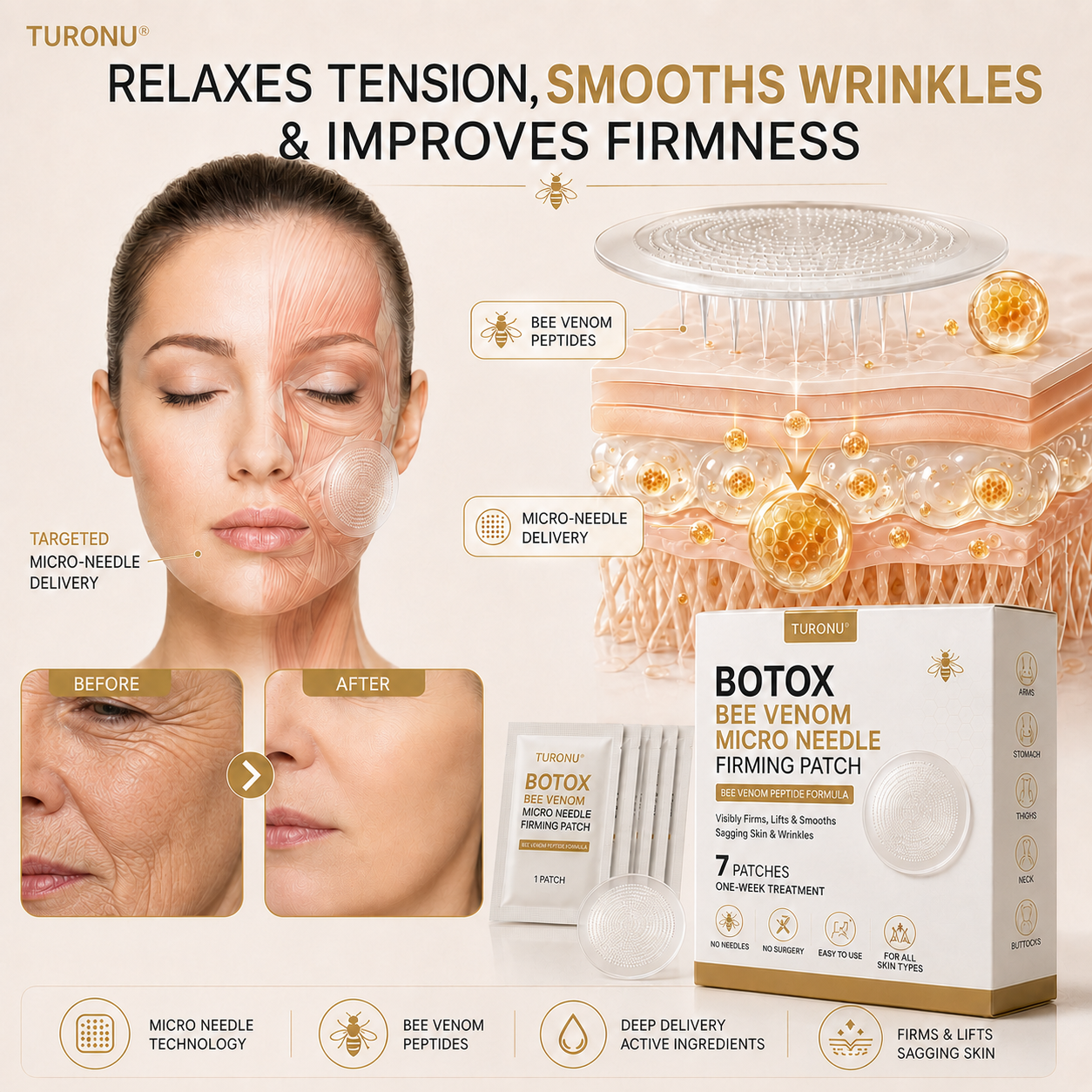 🚨LOOSE SKIN? CREPEY TEXTURE? VISIBLE WRINKLES?Meet Turonu® Botox Bee Venom Microneedle Firming Patch(🔥 80% OFF — FINAL 3 HOURS)