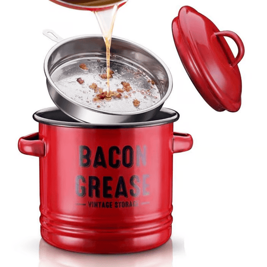 Top Christmas Gift 2026 🎅-46 oz bacon grease container with strainer and food-grade silicone spatula